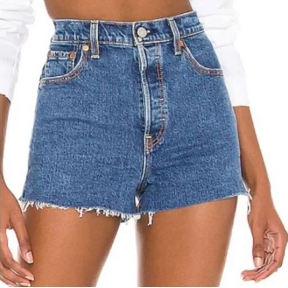 Levi’s Ribcage Shorts Blue Raw Hem Button Fly Cut Off Size 31 - Picture 1 of 8
